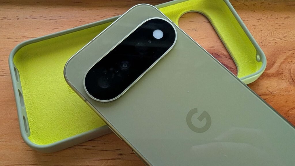 A Pixel 11 face down, diagonally across the case showing the camera bar on the phone, Google logo and how plush and protective the inside of the case is to your phone.